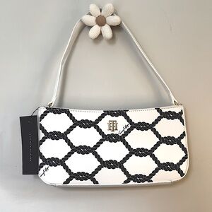 Tommy Hilfiger Black and White Rope Print Design Shoulder Bag Purse Gold
